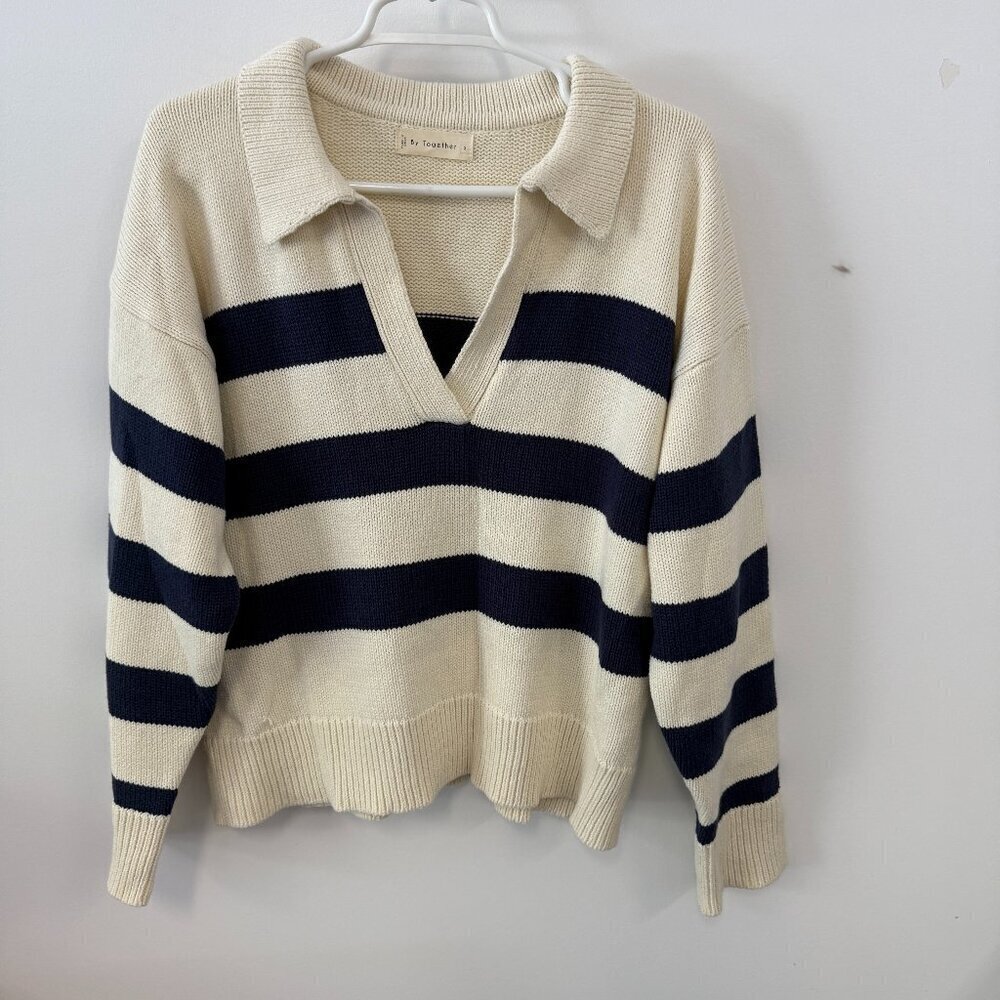 By Together Cream & Navy Blue Striped Collared Knit Long Sleeve V-Neck Sweater